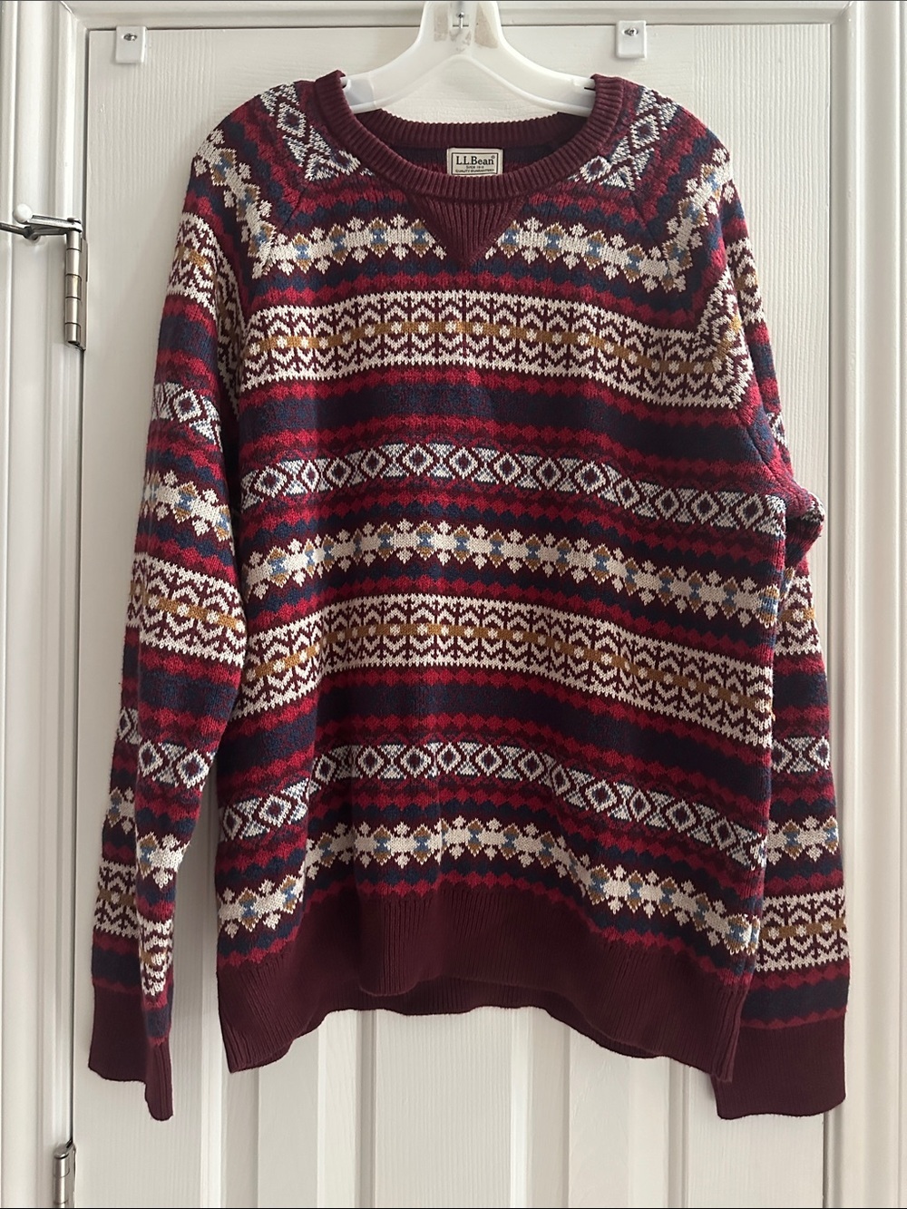 L.L. Bean Fair Isle Crewneck Sweater Maroon Earthy Men’s L Cotton Cashmere